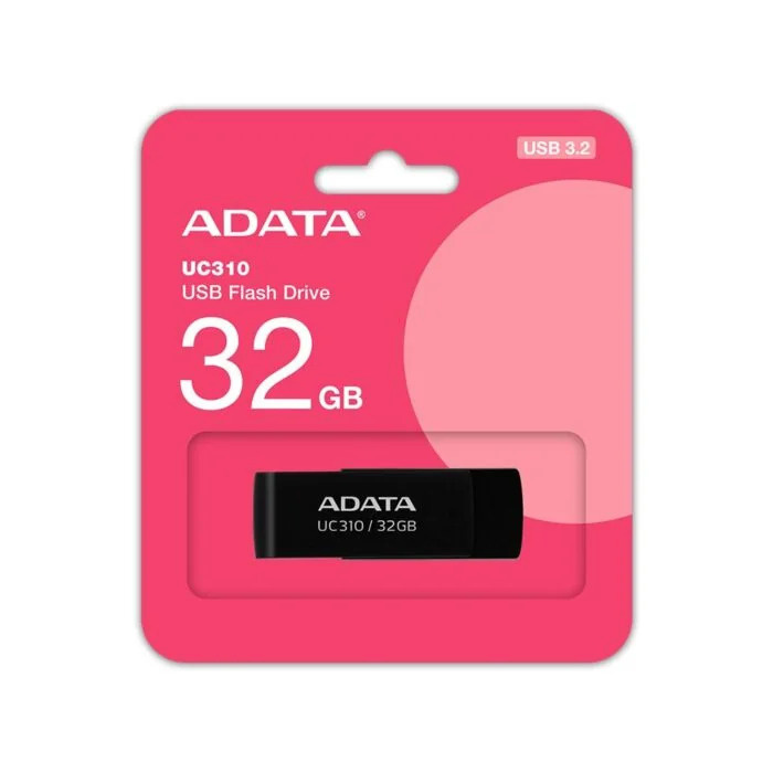 Memoria USB Adata UC310, 32GB, USB 3.2, Lectura 100 MB/s, Negro