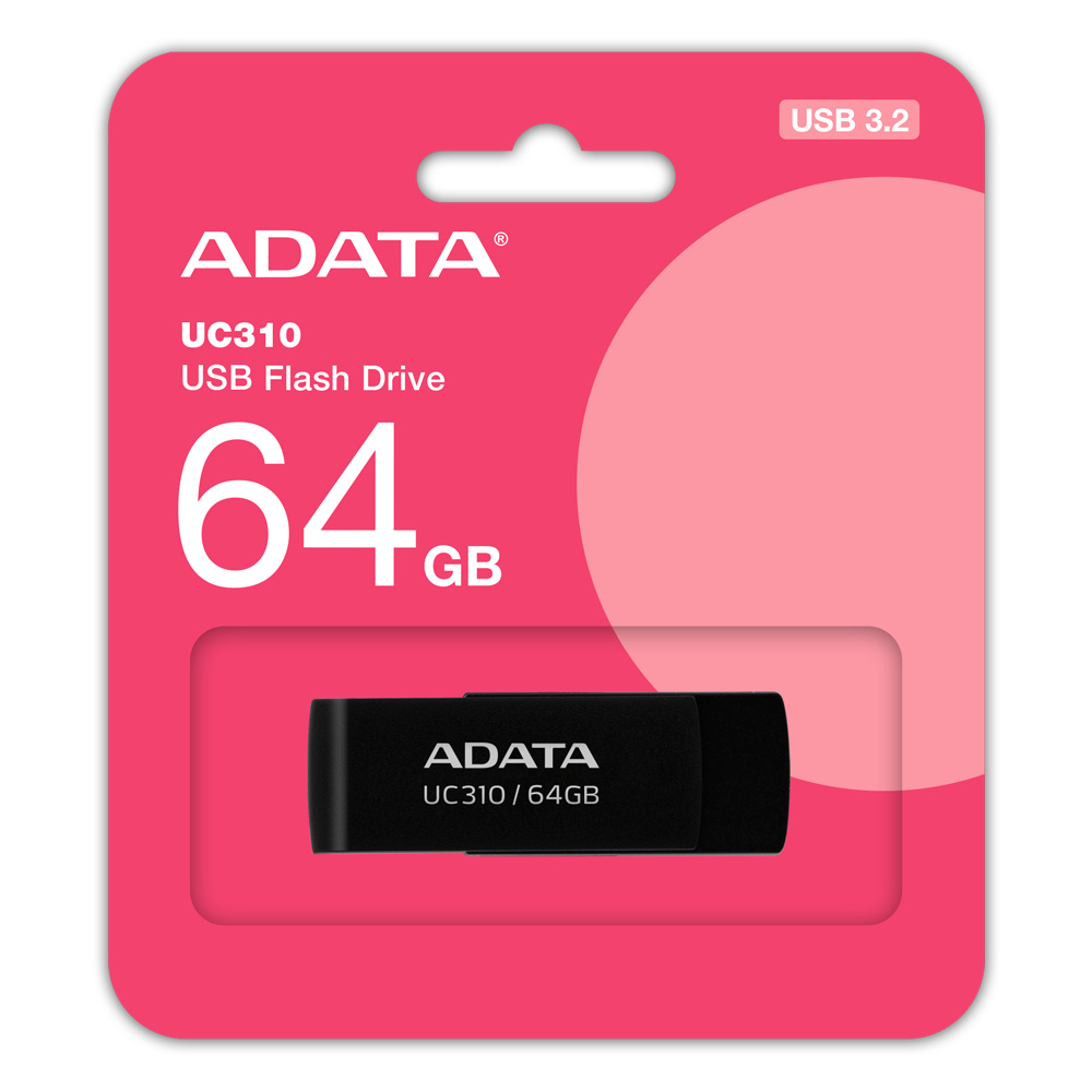 Memoria USB Adata UC310, 64GB, USB 3.2, Lectura 100 MB/s, Negro, UC310-64G-RBK