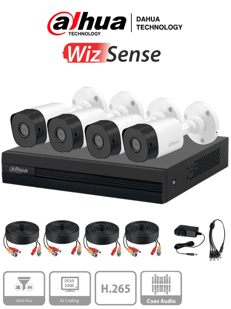 Kit de Vigilancia Dahua CCTV, DVR 4 Canales, 4 Camaras Bala, 1MP, IP67, Con accesorios