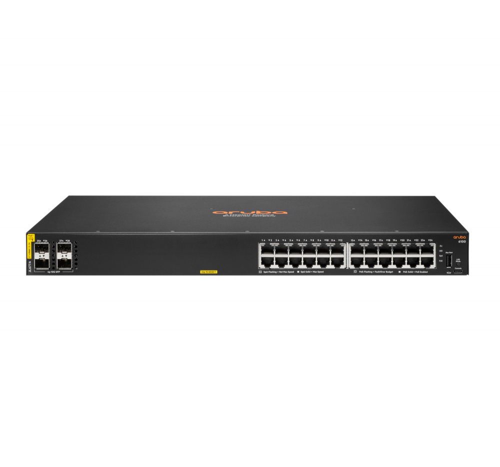 Switch HPE Gigabit Ethernet Aruba 6100, 24 Puertos PoE 10/100/1000Mbps + 4 Puertos SFP+, 128 Gbit/s, 8192 Entradas - Administrable