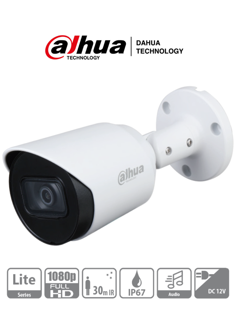 Camara Dahua CCTV, Bala, 2MP, IR 30m, Exterior, IP67, Microfono, Vision nocturna