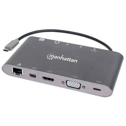 Estación docking manhattan usb-c a hdmi/dpmini/svga/rj45/3.5mm super velocidad color gris