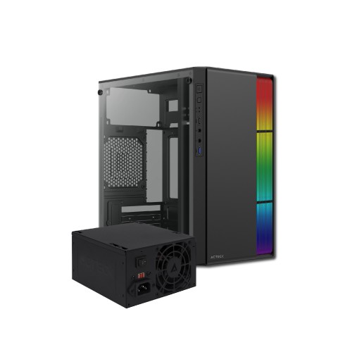Gabinete Acteck FUSION II, Micro Tower, Micro ATX/Mini-ITX, Ventana lateral, RGB, Fuente 500w, Negro