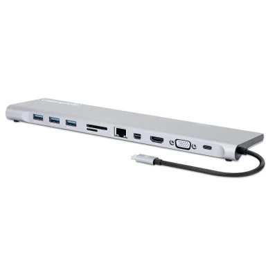 Manhattan Docking Station USB C - 3x USB 3.0, 1x USB C, 1x HDMI, 1x VGA, 1x Mini DisplayPort, 1x RJ-45, 1x SD Hembra, 5000 Mbit/s, Gris