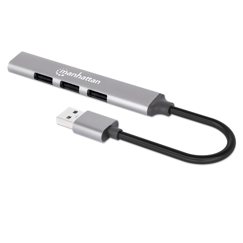 HUB Manhattan USB A 3.2 de 4 puertos, 5000 Mbit/s, Aluminio, Color Gris