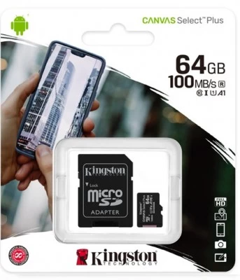 Micro SD Kingston Canvas Select Plus, 64Gb, Class 10, UHS-I, 100 MB/s, Adaptador Sd