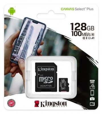 Micro SD Kingston Canvas Select Plus 128GB, Class 10, Escritura 100 Mb/s, Adaptador SD
