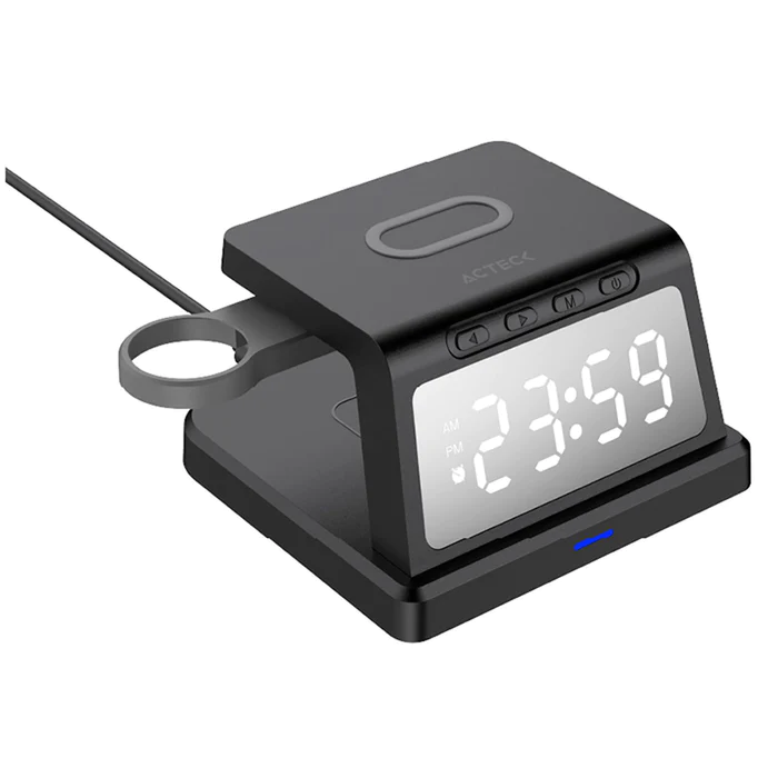 Cargador acteck energon s-mate ci730 / inalambrico qi / 3w - 15 w / apple - samsung / 3 dispositivos / reloj digital / negro / ac-937146