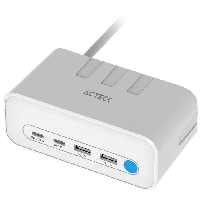 Cargador acteck energon mate ce676 / extensión de escritorio / 2 x usb / 2 x tipo c / 3 x contactos / supresor de picos / blanco / indicador led / resistente al fuego / 1.85 m / ac-936521