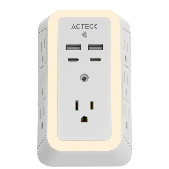 Multicontactos Acteck Energon Lumina CP515, 2x USB-C, 2x USB, 7 contactos, Touch, Con iluminacion, Blanco