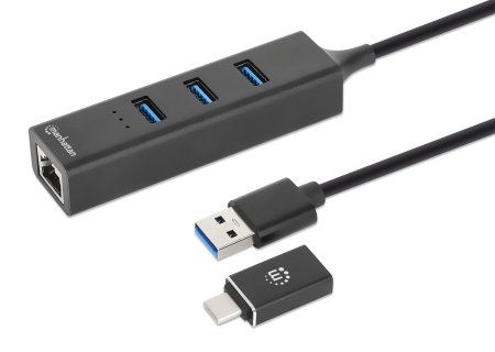 Manhattan Hub USB Macho - 3 Puertos USB Hembra,1x RJ-45, 5000Mbit/s, Negro