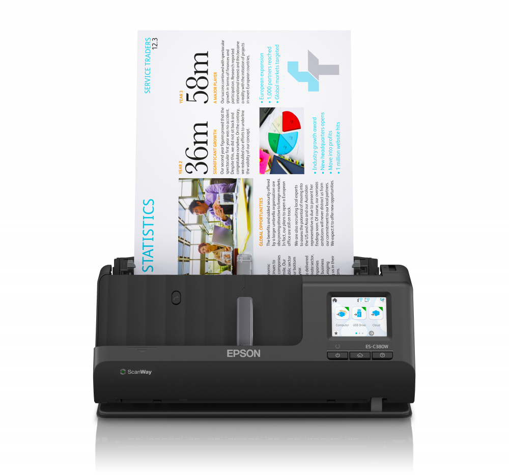 Scanner Epson WorkForce ES-C380W, 600 x 600 DPI, Escaneado Dúplex, USB, Wi-Fi, Negro