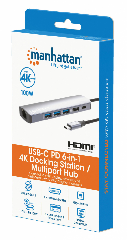 Manhattan Hub USB-C Macho - 3x USB 3.0, 1x USB-C, 1x HDMI 1x RJ-45, Gris