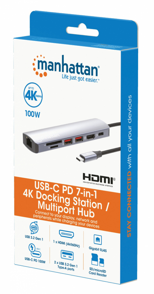 Manhattan Hub USB-C Macho - 2x USB-A, 1x USB-C, 1x HDMI 1x RJ-45, 1x SD, 1x, Micro SD, Gris