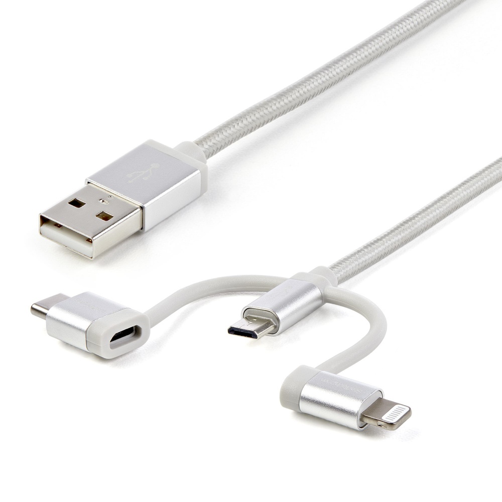 Startech.com cable de carga certificado mfi lightning/usb-c/micro usb macho - usb a macho, 1 metro, plata, para ipod/iphone/ipad