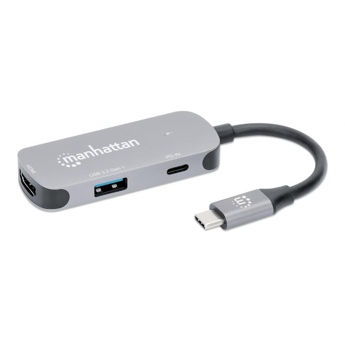 Manhattan Hub USB-C Macho, 1x HDMI 1x USB-A 3.2, 1x USB-C PD, 5 Gbit/s, Gris