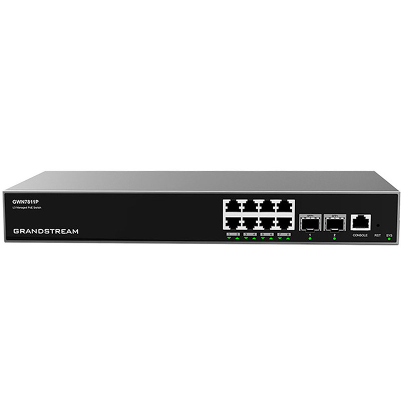 Switch Grandstream Gigabit Ethernet GWN7811P, 8 Puertos PoE 10/100/1000Mbps + 2 Puertos SFP+, 120W, 56Gbit/s, 16.000 Entradas - Administrable