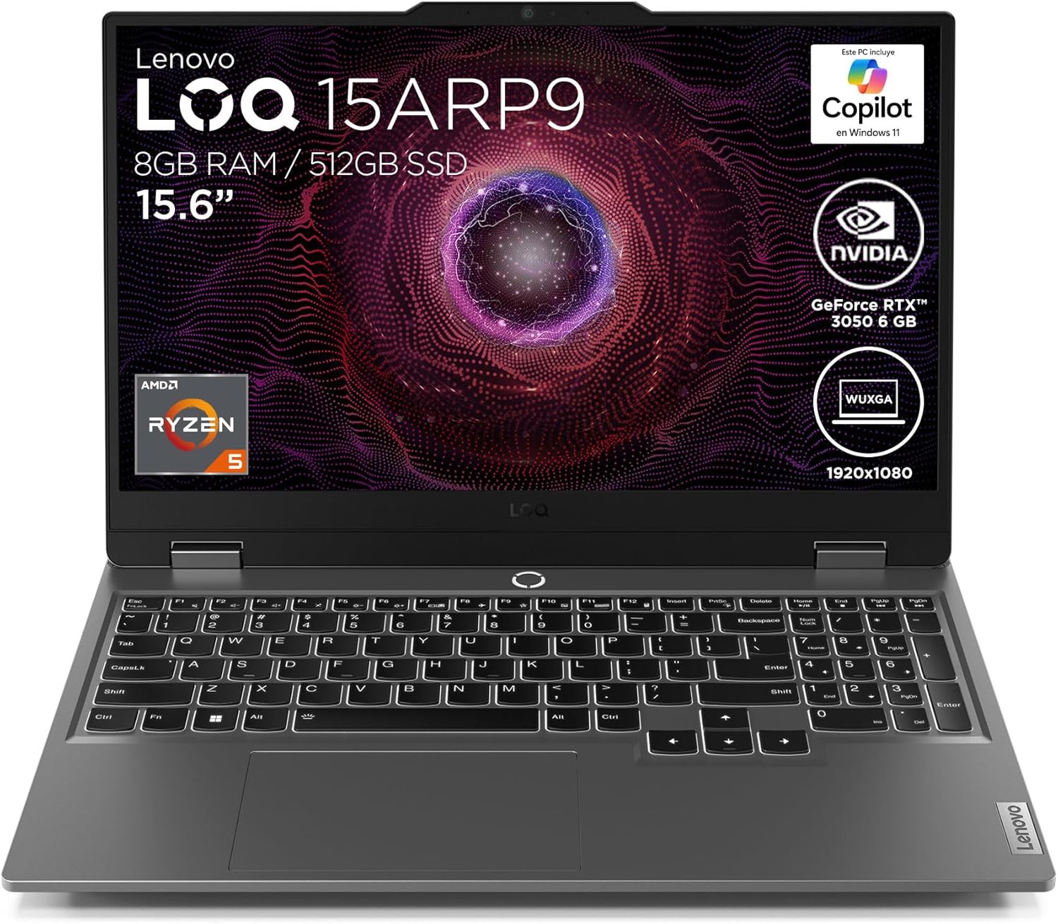 Laptop Lenovo LOQ 15ARP9, AMD Ryzen 5 7235HS, 8 GB, 512 GB SSD, 15.6 Pulg, Windows 11 Home, NVIDIA GeForce RTX 3050, Gris