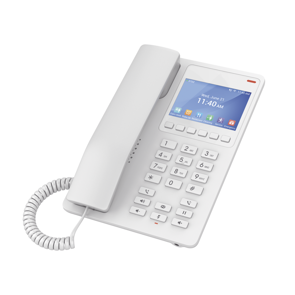 Teléfono IP Hotelero con pantalla LCD a color, 2 líneas SIP con 2 cuentas, codec Opus, IPV4/IPV6, color blanco, con gestión en la nube GDMS