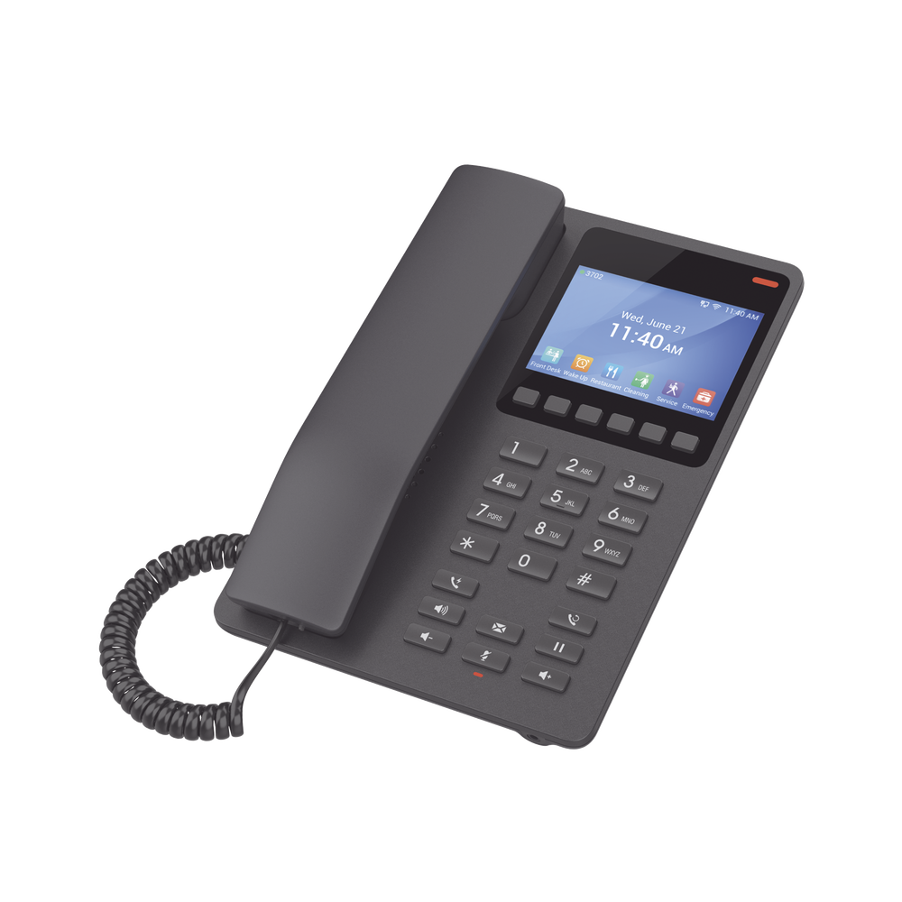 Teléfono IP Hotelero con pantalla LCD a color, 2 líneas SIP con 2 cuentas, codec Opus, IPV4/IPV6, color negro, con gestión en la nube GDMS
