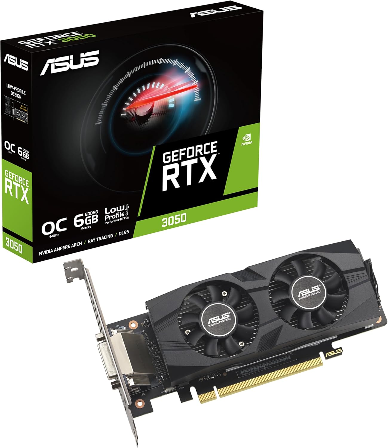 Tarjeta de video asus nvidia rtx3050 /pcie x16 4.0 /6gb gddr6 /hdmi /dp /dvi-d /perfil bajo /gama media