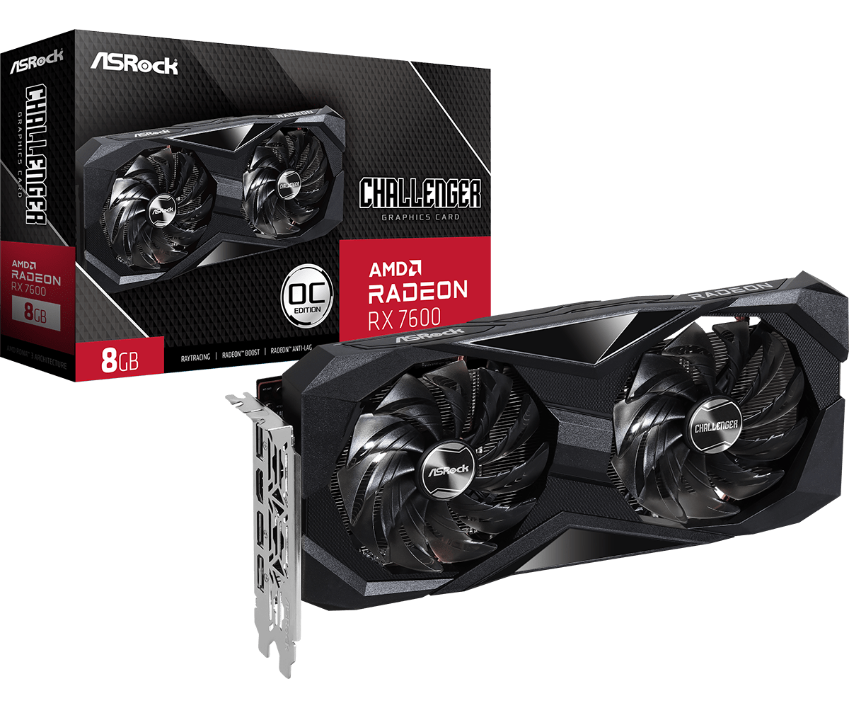 Tarjeta de video asrock amd radeon rx 7600 challenger oc/pcie 4.0x16/8 gb/gddr6/128 bits/dual fan/3 displayport 1.4/1 hdmi 2.1/resolucion maxima 7680x4320/boost clock 2695 mhz/gama media
