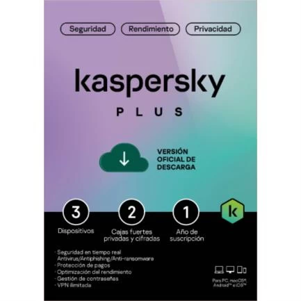 Licencia Electronica ESD Kaspersky PLUS / 3 Dispositivos / 2 Cuentas KPM / 365 dias / Base