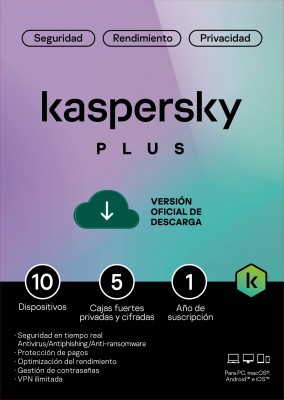 Licencia Electronica ESD Kaspersky Plus/ 10 Dispositivos / 5 Cuentas KPM / 1 ano / Base, solo clave de activacion, no devolucion-no cancelacion