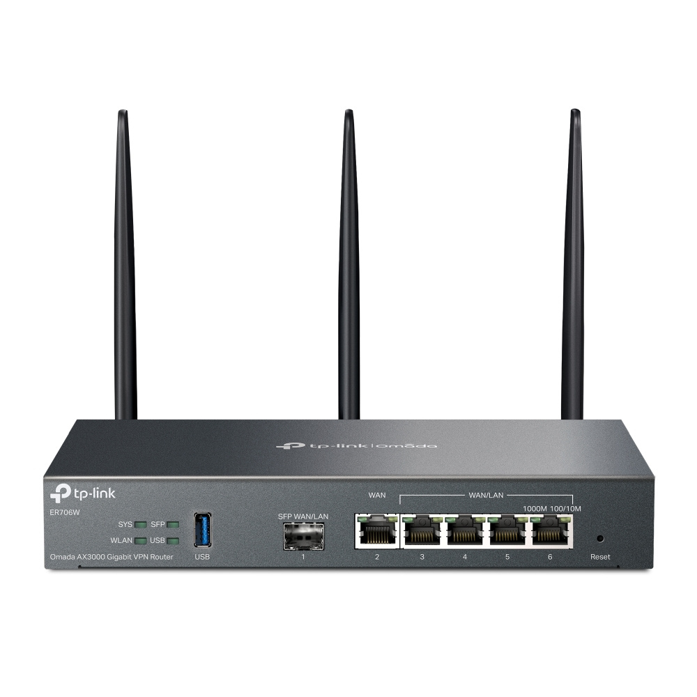 Router TP-Link Gigabit Ethernet Omada AX3000, Alámbrico, 2402 Mbit/s 2.4GHz, con 3 Antenas Externas de 3.4dBi, ER706W, Negro