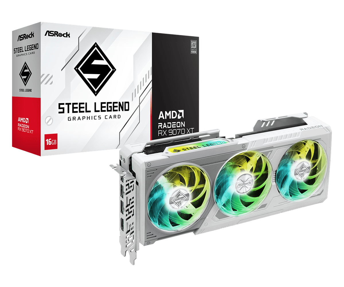 Tarjeta de video ASRock AMD Radeon RX 9070 XT Steel Legend 16GB GPU blanca 20Gbps GDDR6 256Bit (3ª generación RT 2ª generación AI Aceleradores) PCIe5.0 800W 2x8-pin Triple Fan DP2.1a HDMI2.1