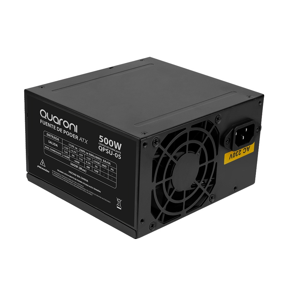 Fuente de poder quaroni de 500w/ 24 pines/ 2sata/ filtro emc/ 4 pin p4 / color negro