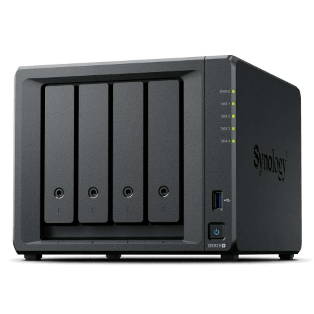 Nas synology ds925+ /4 bahias nucleo cuadruple 2.2 ghz/ hasta 80 tb, 4gb ddr4 ampliable hasta 32gb/ 2 ptos lan 2.5gbe/usb 3.2 x 2/ hot swap/ soporta m.2 2280 nvme ssd/ no incluye discos amd