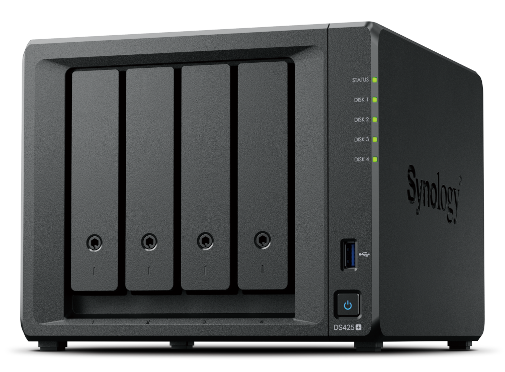 Nas synology ds425+ /4 bahias nucleo cuadruple 2.0 ghz/ hasta 80 tb, 2gb ddr4 hasta 6gb/ pto 1gbe lan, 1 pto 2.5gbe lan / usb 3.2 x 2/ hot swap/ soporta m.2 2280 nvme /no incluye discos cele