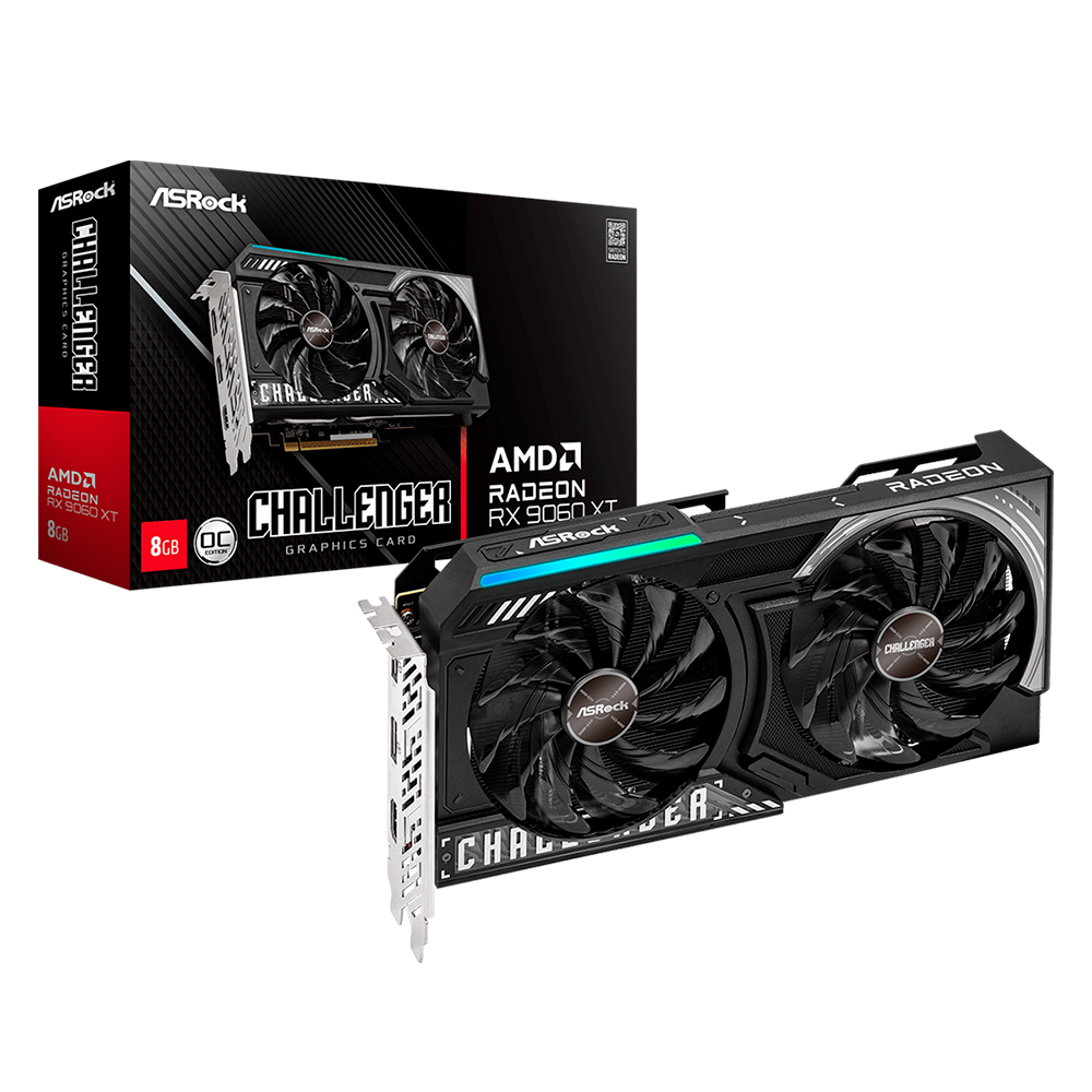 Tarjeta de video asrock amd radeon rx 9060 xt challenger oc/8gb gddr6/pcie 5.0 x 16/128 bits/boost clock 3290 mhz/dual fan con indicador led/1 hdmi 2.1/2 displayport 2.1/resolucion max 8k