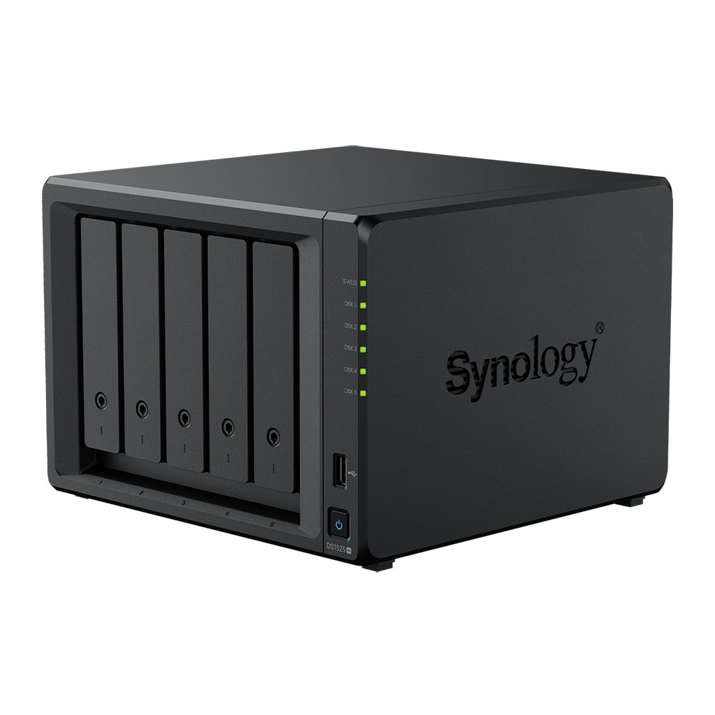 Nas synology ds1525+ / 5 bahias/nucleo cuadruple 2.2ghz/8 gb ddr4/ 2.5gbe lan x2/usb 3.2 x2/ hasta 100 tb hot-swap/ amd ryzen v1500b/no incluye discos