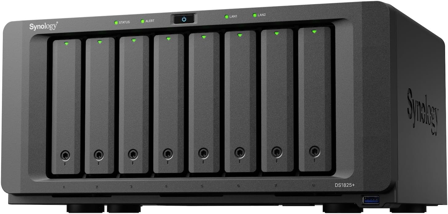 Nas synology ds1825+/ 8 bahias ampliables hasta 18/nucleo cuadruple 2.2ghz/8gb ddr4 ampliable a 32gb/2.5gbe lan x2/usb 3.2 x3 /hot-swap/soporta m.2 2280 nvme/ no incluye discos