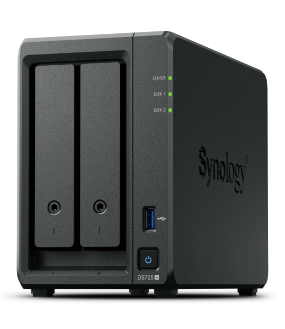 Nas synology ds725+ /2 bahias nucleo doble hasta 3.1 ghz, 1 pto lan giga, 1 pto lan 2.5gbe/4 gb ddr4/ hot-swap/soporta 40 tb /soporta m.2 2280/ no incluye discos/ amd ryzen r1600