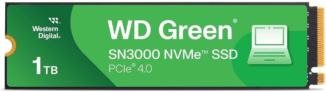 Unidad de estado solido ssd interno wd green sn3000 1tb m.2 2280 nvme pcie gen4 x4 lect.5000mbs escrit.4200mbs pc laptop minipc  wds100t4g0e-00cps0