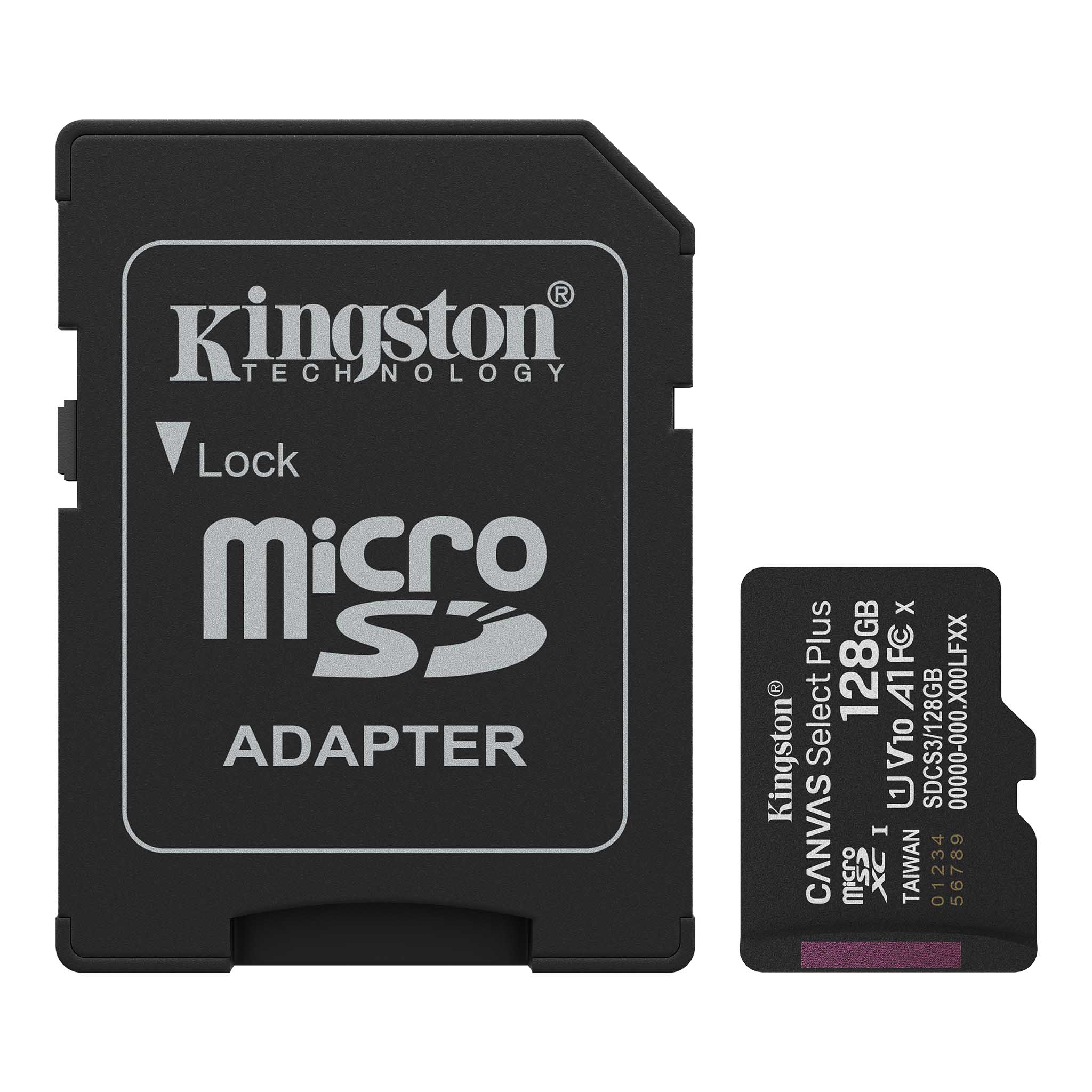 Memoria Micro SD Kingston 128GB, Technology Canvas Select Plus Gen3, Velocidad 150 MB/s, Clase 10