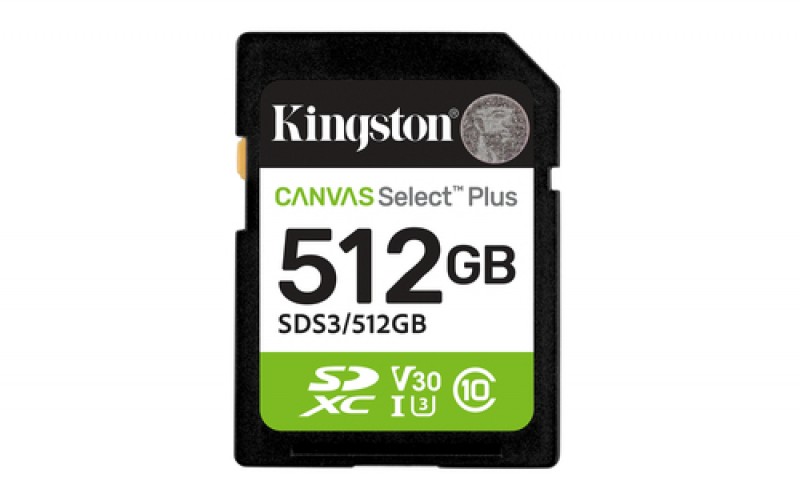Memoria SD Kingston 512GB, Technology Canvas Select Plus Gen3, Velocidad 150 MB/s, Clase 10