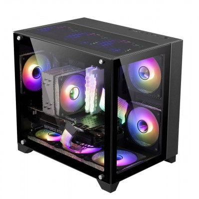 Gabinete Game Factor CSG570, fishtank, 2 cristal templado Frontal y Lateral, Negro