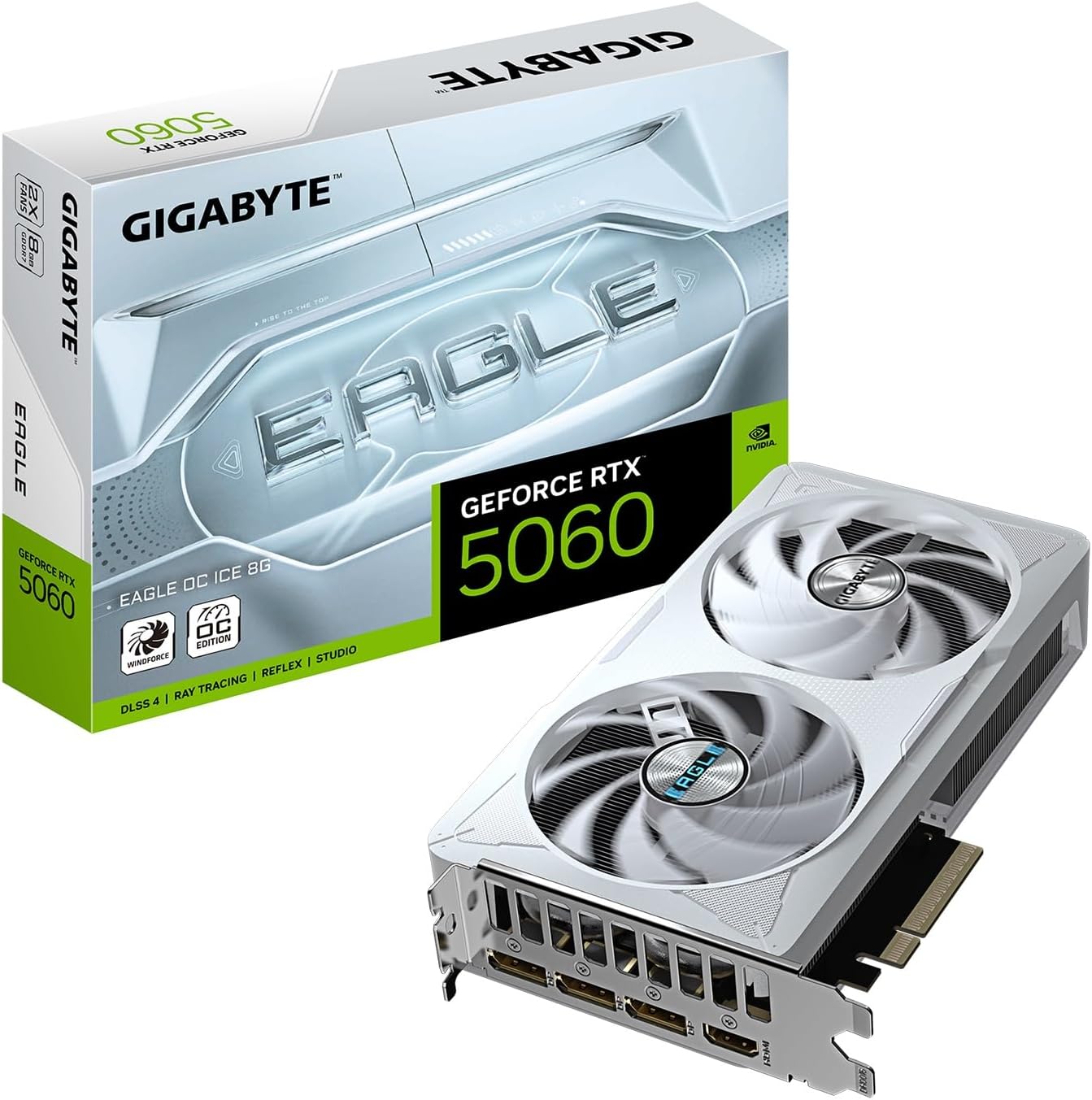 GIGABYTE Tarjeta gráfica GeForce RTX 5060 Eagle OC ICE 8G, 8 GB 128 bits GDDR7, PCIe 5.0, sistema de refrigeración WINDFORCE, tarjeta de video GV-N5060EAGLEOC ICE-8GD, Blanco