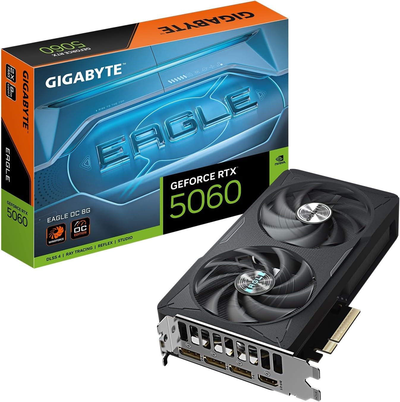 GIGABYTE Tarjeta gráfica GeForce RTX 5060 Eagle OC 8G, 8 GB 128 bits GDDR7, PCIe 5.0, sistema de refrigeración WINDFORCE, tarjeta de video GV-N5060EAGLE OC-8GD, Negro