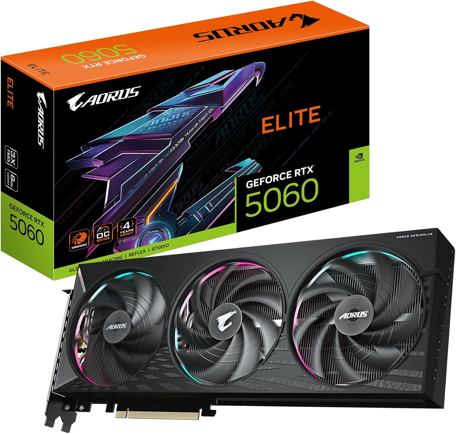 Gigabyte AORUS GeForce RTX 5060 Elite 8G Graphics Card - 8GB GDDR7, 128bit, PCI-E 5.0, 2722 MHz Core Frequency, 3 x DisplayPort, 1 x HDMI, GV-N5060AORUS E-8GD, Negro