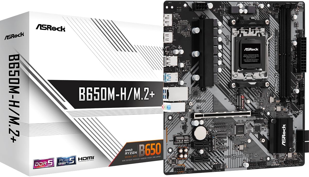 Tarjeta Madre ASRock B650M-H/M.2+ DDR5 DIMM 6 USB HDMI DisplayPort Micro ATX 96 GB 6400 MHz Socket AM5 SATA3 6.0 GB/s RDNA 2 Gráficos Ryzen 8000, Negro